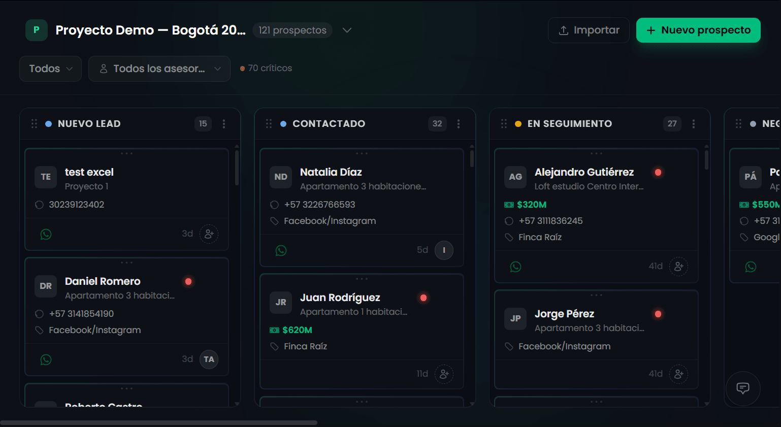 Pipeline de ventas inmobiliario con alertas de riesgo en Desarrollo Simple